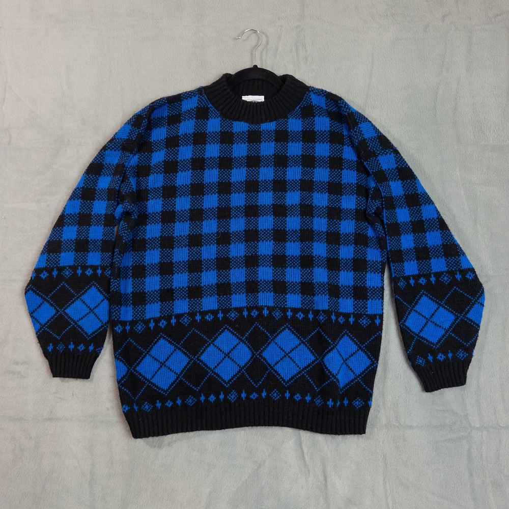 Classic Essentials Sweater Womens 20W Blue Black Vintage Argyle Checkered USA